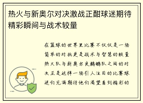 热火与新奥尔对决激战正酣球迷期待精彩瞬间与战术较量